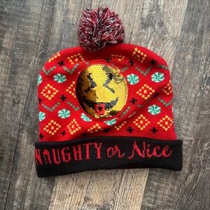 Naughty or Nice Sequin Smiley Face Pom Pom Beanie Winter Hat One‎ Size